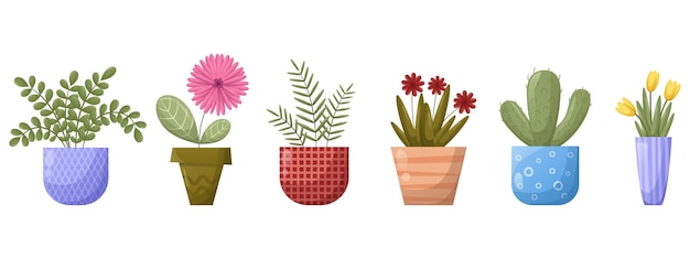 Vector huisplanten bloemen in potten set vectorillustraties op een witte achtergrond helder kleurenpalet