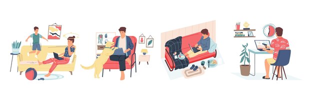 Huisproblemen Cartoon mensen aan het werk in de kamer met lawaaierig kind en hond, ongereinigd huis en verspreid afval Man die computerspelletjes speelt in plaats van werk Vector ongeschikte voorwaarden voor freelance