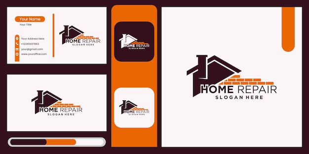 Huisrenovatie huisreparatie huisverbetering en industrieel logo-ontwerp met weergave van visitekaartjes