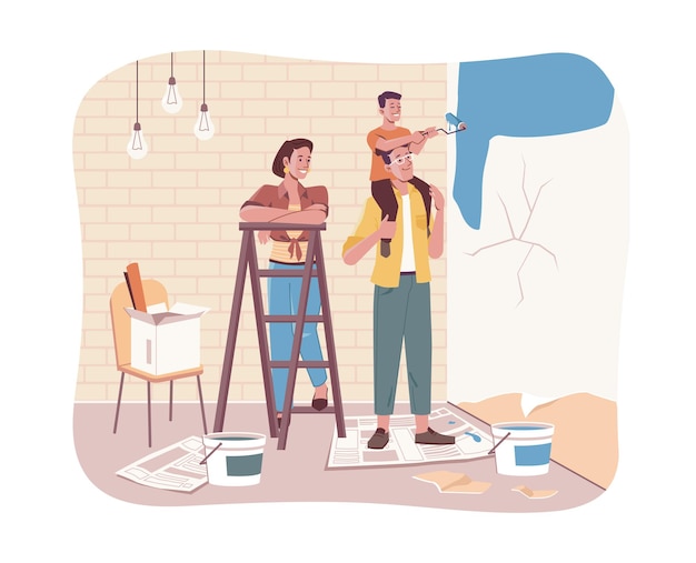 Huisreparatie familie schilderij muur ouders en kind