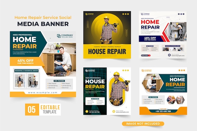 Huisreparatieservice promotionele webbanner set vector met gele en rode kleuren huis onderhoud en renovatie bedrijf poster collectie onroerend goed huis bouw sjabloon bundel