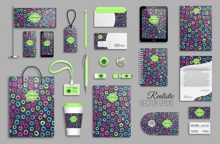 Vector huisstijl sjabloon set met hand getrokken felle kleurenringen van abstracte achtergrond. zakelijke briefpapier met logo. creatief trendy merkontwerp