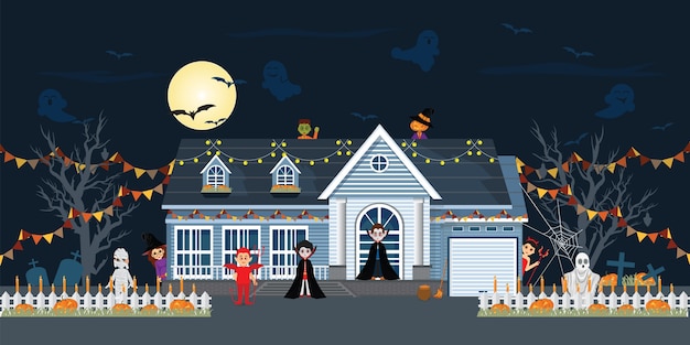 Vector huisvoorgevel voor halloween-nacht wordt verfraaid die.