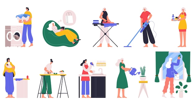 Huisvrouwen koken, schoonmaken, afwassen, kleding strijken, voor kinderen zorgen. huisvrouw doet huishoudelijk werk vector illustratie set. huishoudelijke vrouwelijke karakters