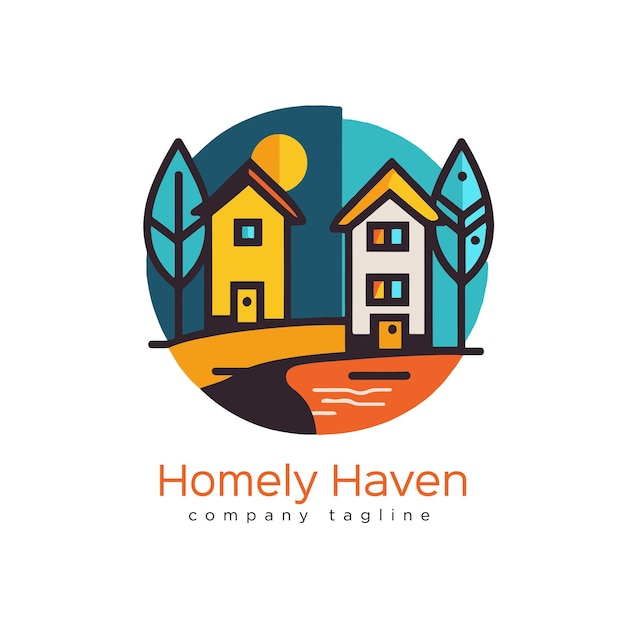 Huizen en bomen logo sjabloon vectorillustratie in vlakke stijl