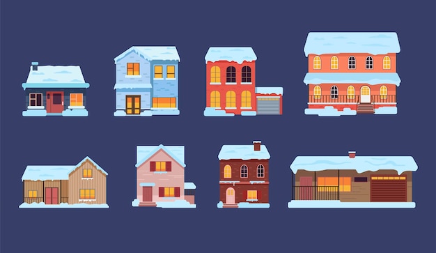 Huizen en flatgebouwen in sneeuw geïsoleerd op blauw. winter huizen, gebouwen gevel cartoon afbeelding set