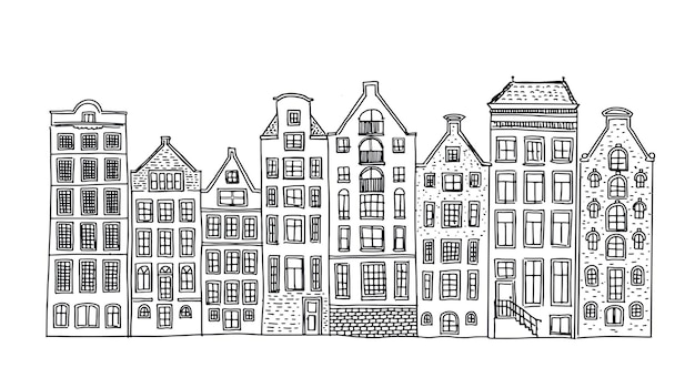 Vector huizen gevels op een rij, amsterdam hand getekende illustratie.