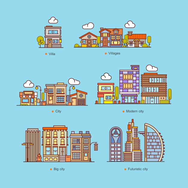Huizen instellen en stadsgezicht vlakke stijl vectorillustratie bouwen