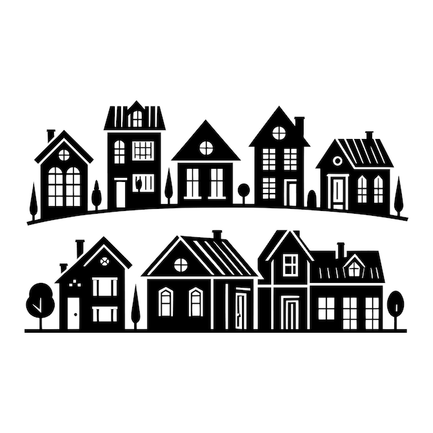 Huizen landschap silhouet vector illustratie geïsoleerd op een witte achtergrond