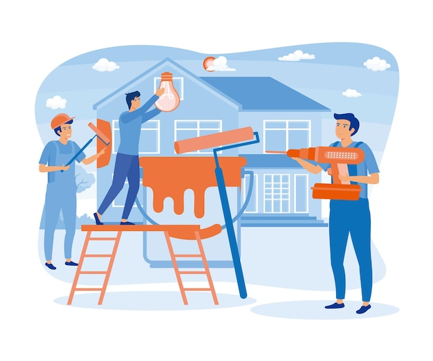 Huizenrenovatiewerkers Repairman teambouwhuis Verfwerkingen elektrische afwerking