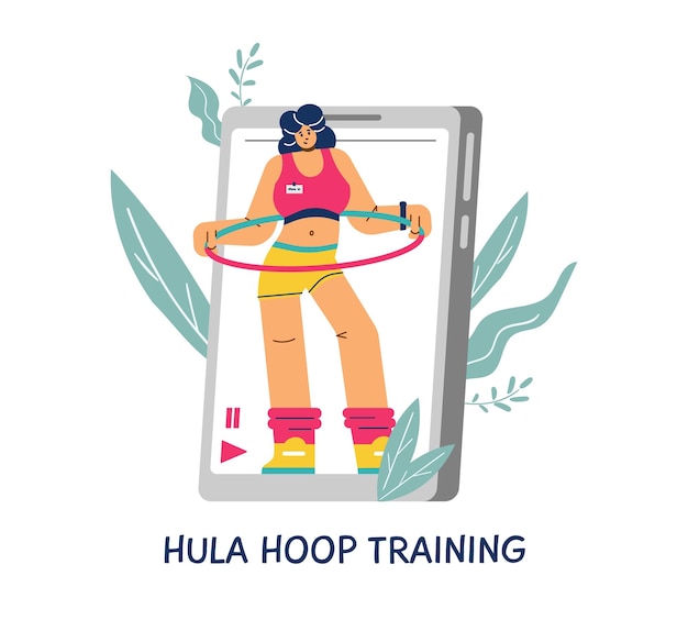 Hula hoop fitness training online banner flat vector illustration isolated