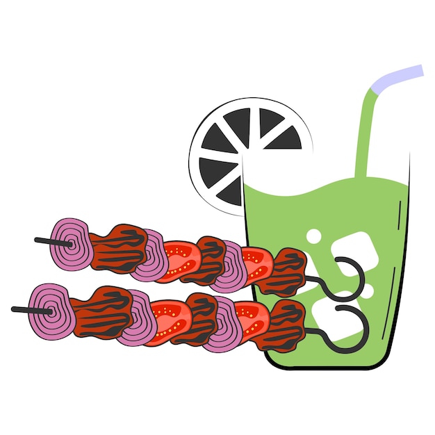 Жареная курица Хулихули на вертеле с вектором концепции мятной маргариты Фаст-фуд Нездоровая пища популярна