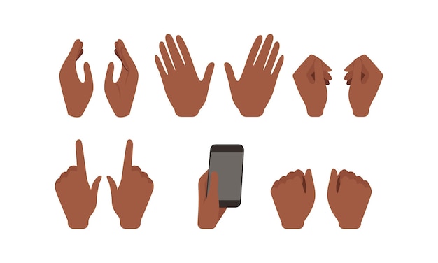 Human African American Hands Showing Different Gestures Set Male or Female Body Part Constructor for Animation Cartoon Style Vector Illustration