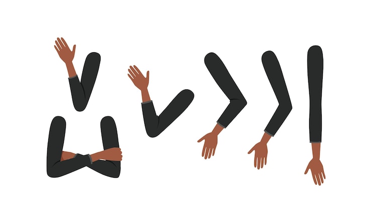 Vector human african american sleeved arms in various poses set male or female body part constructor for animation cartoon style vector illustration