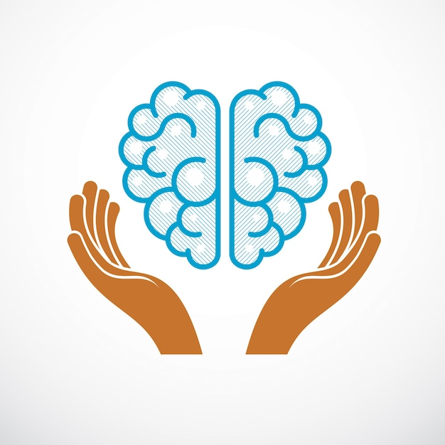 Human anatomical brain with tender defending hands of care. Vector illustration, logo or icon. Care for mental health, careful and correct education concept.