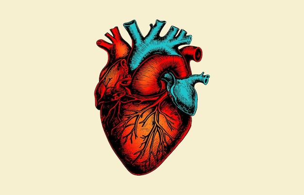 인간 해부학적으로 다채로운 심장 손으로 그려진 라인 아트 플래시 문신 또는 인쇄 디자인 터