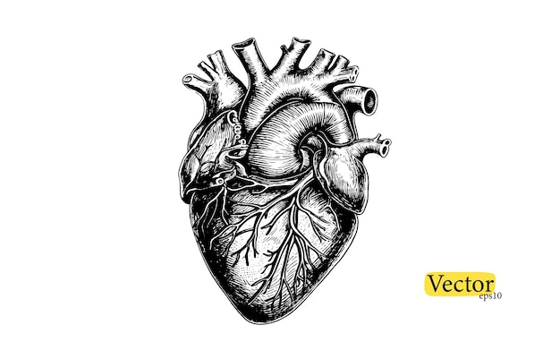 人間の解剖学的に心臓の手で描かれたラインアート フラッシュタトゥーまたはプリントデザインベクトル