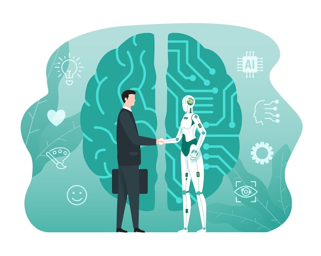 벡터 인간과 로봇 파트너십 개념, 인공 지능 기술