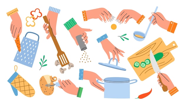 人間の腕は、キッチン アクセサリーを保持します。食品プロセスの手の準備は、ボード上の野菜を切ることです。ジャガイモの調理時間のベクトルを設定します。