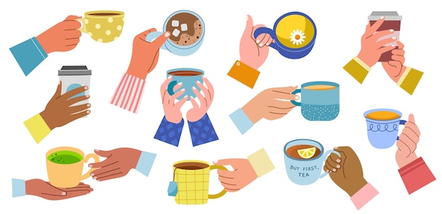 Human arms with drinks cartoon people hands hold different tea cups and coffee tumblers funny drawn design lemon chamomile vector setjpg