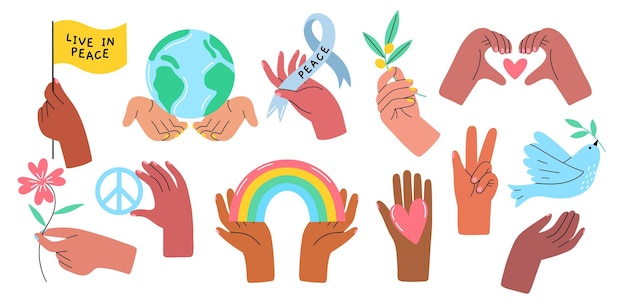 Human arms with signs Peace and love symbols in hands stop war concept olive branch rainbow and heart cute stickers design vector set