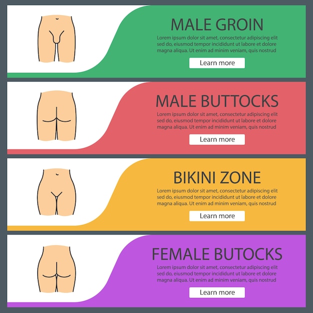 Vector human body parts web banner templates set. male groin, bikini zone, man and woman's buttocks. website color menu items. vector headers design concepts