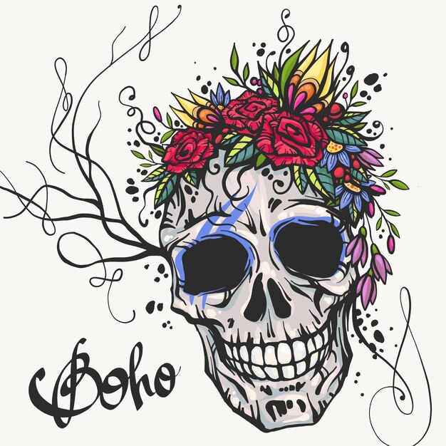 Human boho skull with flower wreath of roses and wild flowers bohemian chic Old school tattoo design