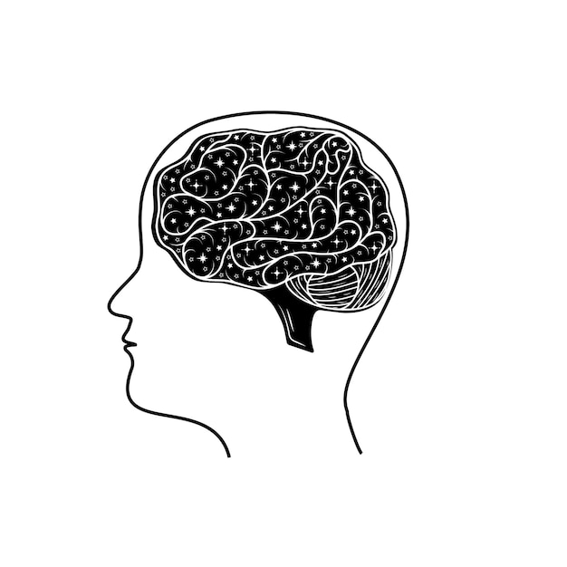 Vector human brain black silhouette icon isolated vector illustration in doodle style