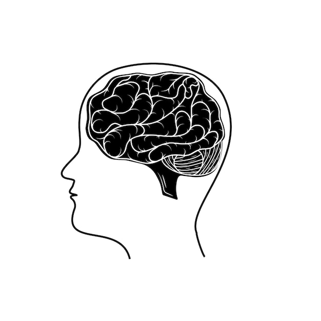 Vector human brain black silhouette icon isolated vector illustration in doodle style