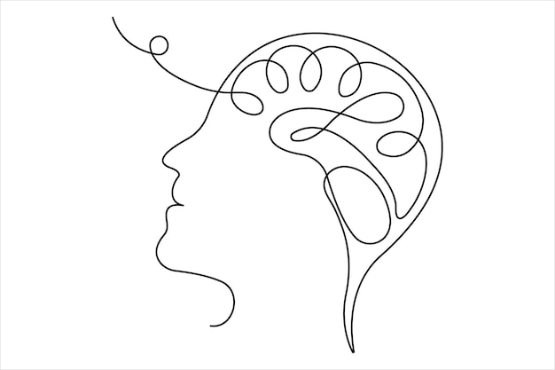 Human brain continuous one line drawing of art vector illustration and intelligence outline concept