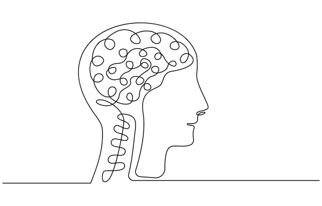 Human brain continuous one line drawing of art vector illustration and intelligence outline