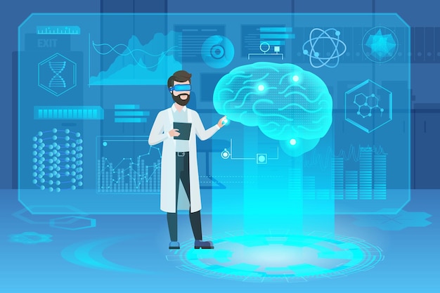 Vector human brain futuristic medical hologram with doctor scientist character