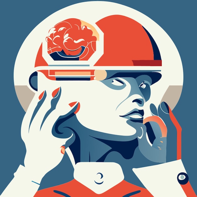 human brain holding a robot retro style vector illustration