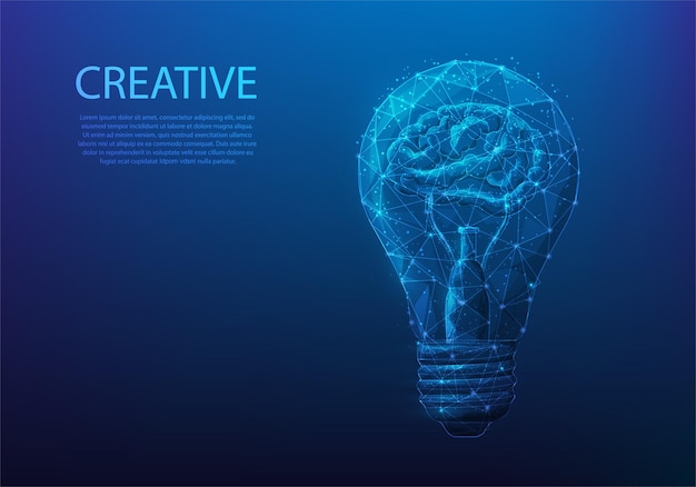 Human brain light bulb low poly wireframe creative idea innovation learning startup lamp.