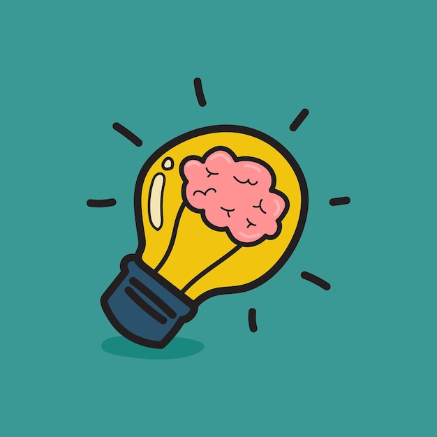 Human brain in lightbulb idea doodle style vector illustration