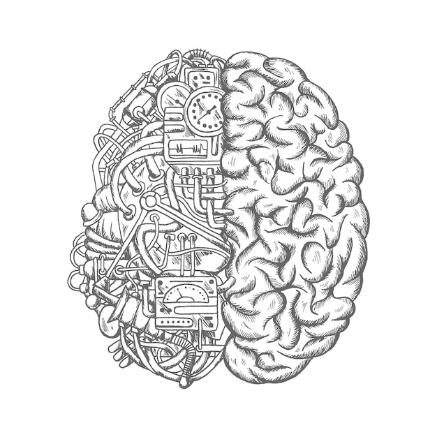 Human brain mechanism engine gears vector sketch