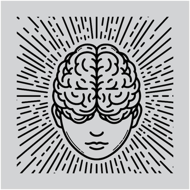 Vector human brain surrounded by rays vector line icon vector illustration
