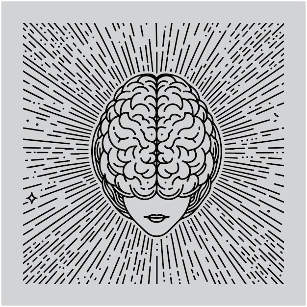 Human brain surrounded by rays vector line icon vector illustration