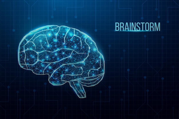 Человеческий мозг Каркасный низкополигональный стиль Концепция бизнес-идеи с светящимся низкополигональным мозгом Абстрактная современная трехмерная векторная иллюстрация на темно-синем фоне