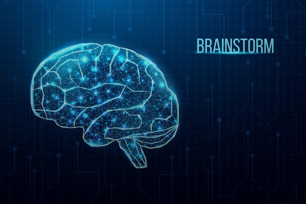 어두운 파란색 배경에 빛나는 낮은 폴리 두뇌 추상 현대 3d 벡터 일러스트와 함께 인간의 두뇌 와이어 프레임 낮은 폴리 스타일 사업 아이디어 개념