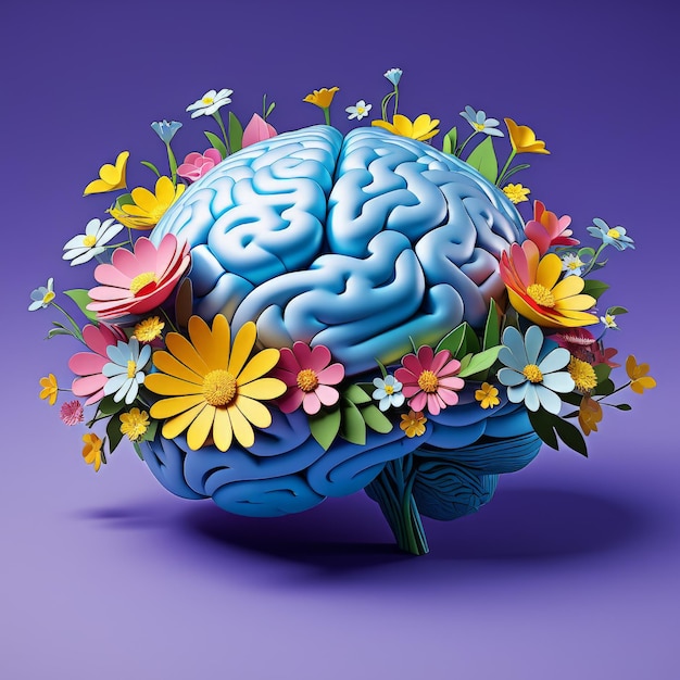 human brain with flowers 3d illustration 3d render human brain with flowers 3d illustration