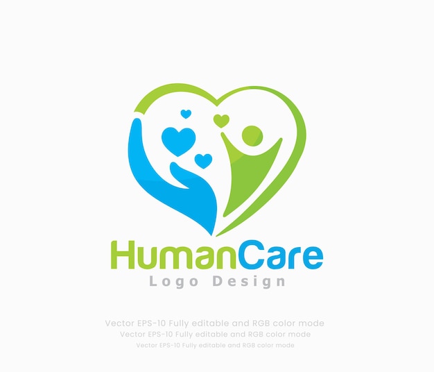 Human care logo design with a heart and a couple holding hands