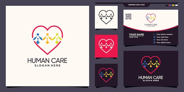 Human care logo and heart with unique line art style and business card design Premium Vector