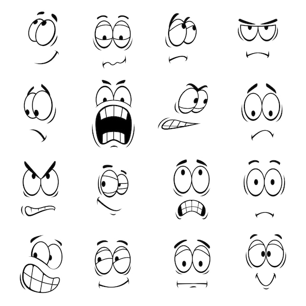 얼굴 표정과 감정을 가진 인간의 만화 눈. 웃고, 행복하다, 놀란, 슬프다, 화난, 미친, 멍청한, 울음, 충격을 받다, 코믹하다, 당황하다 어리석은 무서워