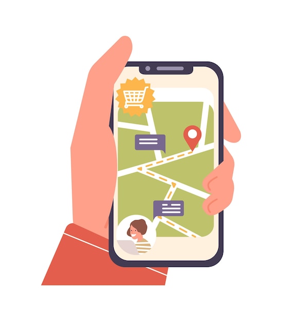 Human cartoon hand holding smartphone with map and location mark on screen flat illustration