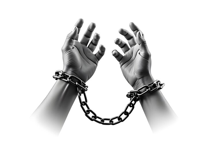 Vector human chain man hands with handcuffs showing victory sign