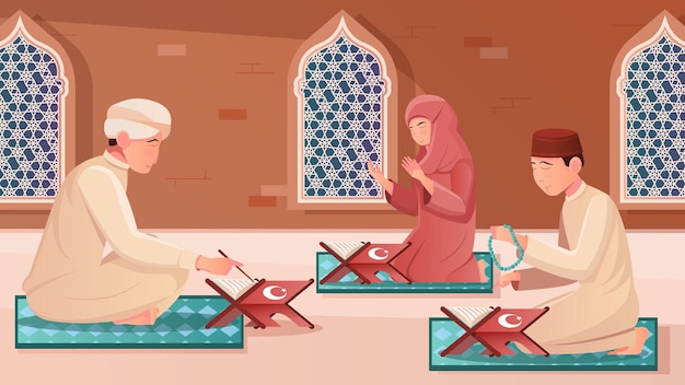 Human characters learning koran on their knees flat illustration