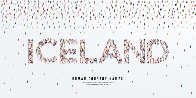 Human country name Iceland. large group of people form to create country name Iceland. vector.