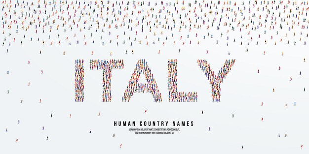 人間の国名イタリア。国名イタリアを作成するために大勢の人々が形成されます。ベクター。