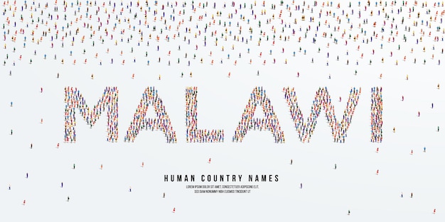 Человеческое название страны Малави. большая группа людей сформировала название страны Малави. вектор.